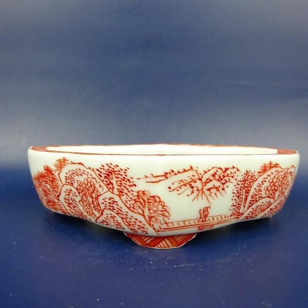盆栽鉢 は二わ オリジナル鉢 小型 長辺 約13.5cm 剣木瓜鉢 赤絵 風景画 観賞用  新品 o1198419946