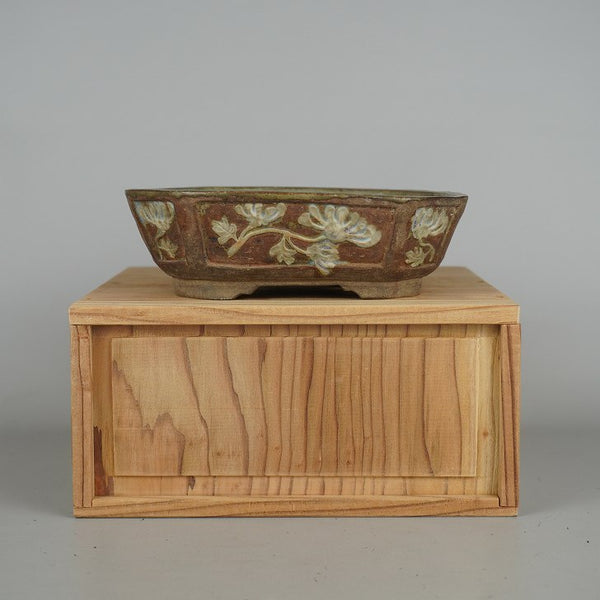 中古盆栽鉢 文山 小型 長辺 約15cm 長方鉢 隅切 窓付 花 蝶 はな ハナ 箱付 観賞用  中古鉢 b1198418683