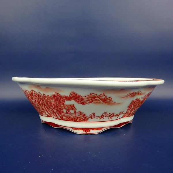 盆栽鉢 は二わ オリジナル鉢 中型 長辺 約21.1cm 木瓜鉢 赤絵 風景画 山水図 観賞用  新品 r1198408768