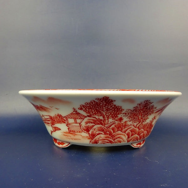 盆栽鉢 は二わ オリジナル鉢 小型 長辺 約15.5cm 丸鉢 赤絵 山水図 風景画  新品 q1198414964