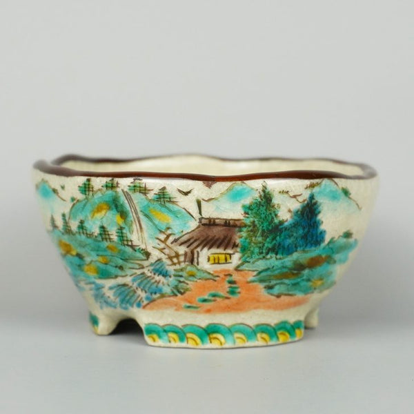 盆栽鉢 てるみ ボデー 九谷画 九谷 秀幸 小鉢 長辺 約 9cm 丸鉢 青九谷 山水図 共箱 観賞用  新品 s1198414076