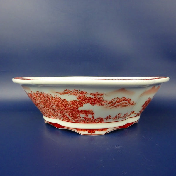盆栽鉢 は二わ オリジナル鉢 中型 長辺 約20.9cm 木瓜鉢 赤絵 風景画  新品 j1198411497