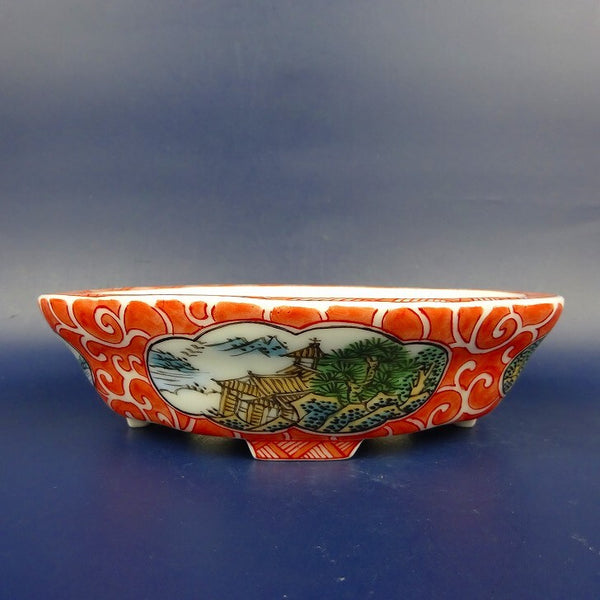 盆栽鉢 は二わ オリジナル鉢 小型 長辺 約15.2cm 木瓜鉢 色絵 風景画 山水図 観賞用  新品 c1198411364