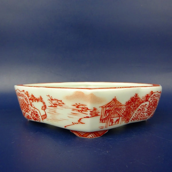 盆栽鉢 は二わ オリジナル鉢 小型 長辺 約13.5cm 剣木瓜鉢 赤絵 風景画 観賞用  新品 l1198412119