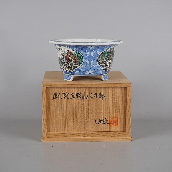 盆栽鉢 月香 小型 長辺 約12.2cm 丸鉢 染付 窓抜 五彩 山水図 共箱 観賞用  新品 1198410152