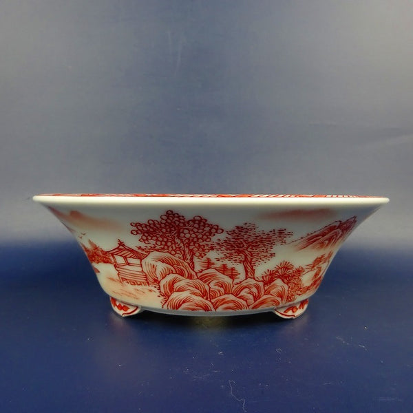 盆栽鉢 は二わ オリジナル鉢 小型 長辺 約15.5cm 丸鉢 赤絵 山水図 風景画  新品 o1198426166