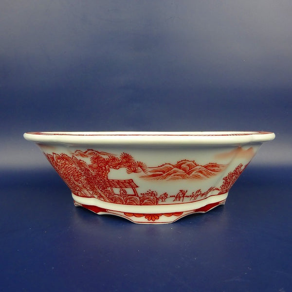盆栽鉢 は二わ オリジナル鉢 中型 長辺 約21cm 木瓜鉢 赤絵 山水 風景画 外縁 観賞用  新品 w1198414510