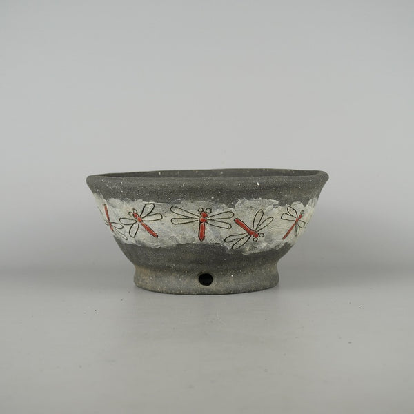 盆栽鉢 文山 越前文山 中型 長辺 約 21.3cm 鯖江園芸 丸鉢 色絵 蜻蛉 とんぼ トンボ 観賞用  新品 g1198414694