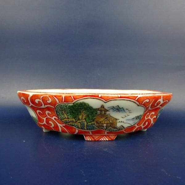 盆栽鉢 は二わ オリジナル鉢 小型 長辺 約15.3cm 木瓜鉢 色絵 風景画 山水図 観賞用  新品 o1198427319