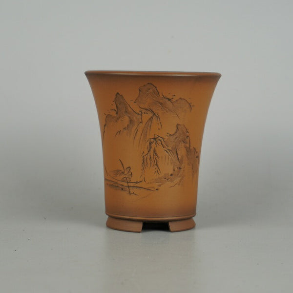 盆栽鉢 常滑 美芸 小型 高さ 約10.5cm 下方 丸鉢 彫入 山水図 懸崖 泥物 x1198414724