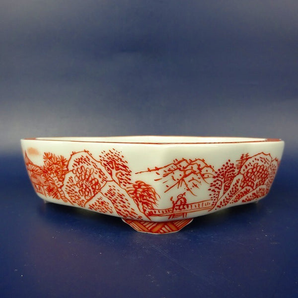 盆栽鉢 は二わ オリジナル鉢 小型 長辺 約13.5cm 剣木瓜鉢 赤絵 風景画 観賞用  新品 l1198408240