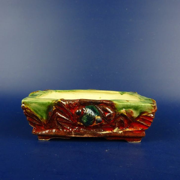 盆栽鉢 正志 古本正志 小型 長辺 約 10cm 外縁 長方鉢 蟹 かに カニ 釉薬 箱付 観賞用  新品 q1198411881