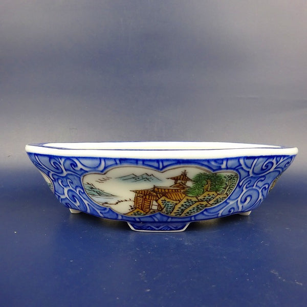 盆栽鉢 は二わ オリジナル鉢 小型 長辺 約15.2cm 木瓜鉢 色絵 窓抜 山水図 風景画  新品 r1198405737