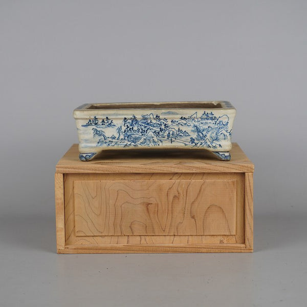 中古盆栽鉢 陶翠 小型 長辺 約15.3cm 長方鉢 染付 山水図 箱付 観賞用  中古鉢 g1198423202