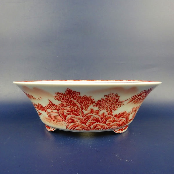 盆栽鉢 は二わ オリジナル鉢 小型 長辺 約15.3cm 丸鉢 赤絵 山水図 風景画  新品 h1198426470