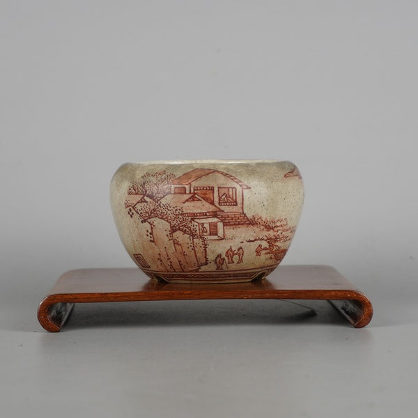 中古盆栽鉢 大助 心 小鉢 長辺 約8.5cm 丸鉢 赤絵 山水図 箱付 観賞用  中古鉢 p1198413745