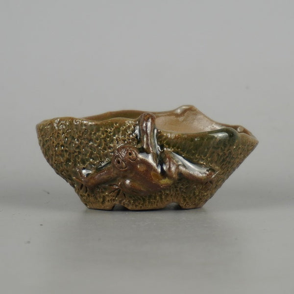 盆栽鉢 卓道 小鉢 長辺 約 7.7cm 変形 楕円鉢 猿付 さる サル 釉薬 観賞用  新品 q1198415613