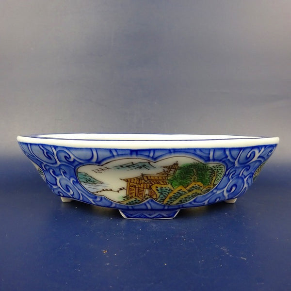 盆栽鉢 は二わ オリジナル鉢 小型 長辺 約15.5cm 木瓜鉢 色絵 風景画  新品 d1198424469