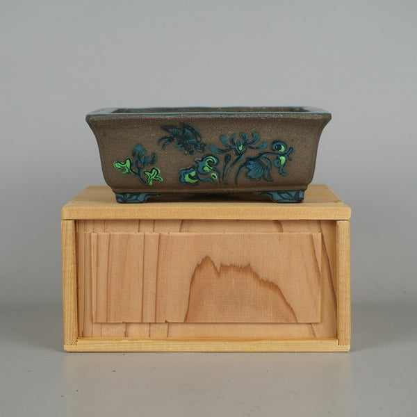 中古盆栽鉢 陶翠 小型 長辺 約14cm 長方鉢 隅入 花 蝶 ハナ チョウ 箱付 観賞用  中古鉢 e1198410791
