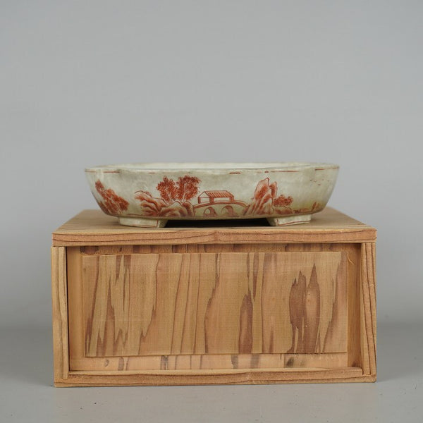 中古盆栽鉢 桃源 小型 長辺 約16cm 木瓜鉢 赤絵 山水図 箱付 観賞用  中古鉢 d1198424673