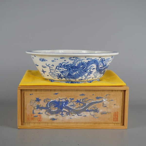 盆栽鉢 京極 士苞 高幢窯 十二 中型 長辺 約21.3cm 木瓜鉢 染付 龍 りゅう リュウ 共箱 共 観賞用 j1198411542