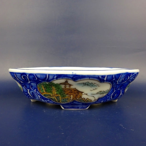 盆栽鉢 は二わ オリジナル鉢 小型 長辺 約15.3cm 木瓜鉢 色絵 窓抜 山水図 風景画  新品 t1198406833