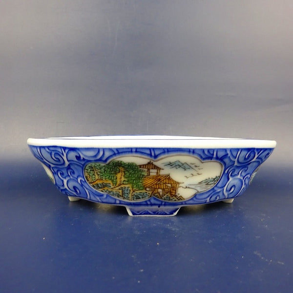 盆栽鉢 は二わ オリジナル鉢 小型 長辺 約15.3cm 木瓜鉢 色絵 窓抜 山水図 風景画  新品 v1198442655