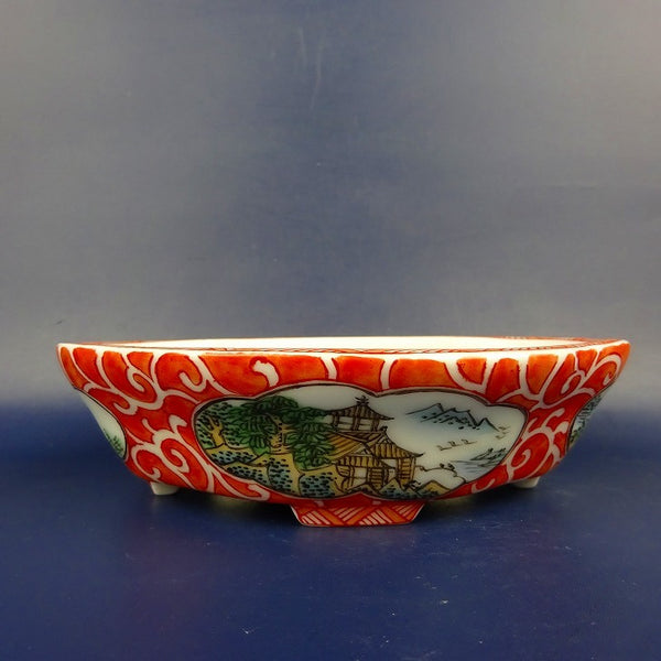 盆栽鉢 は二わ オリジナル鉢 小型 長辺 約15.2cm 木瓜鉢 色絵 風景画  新品 t1198409325