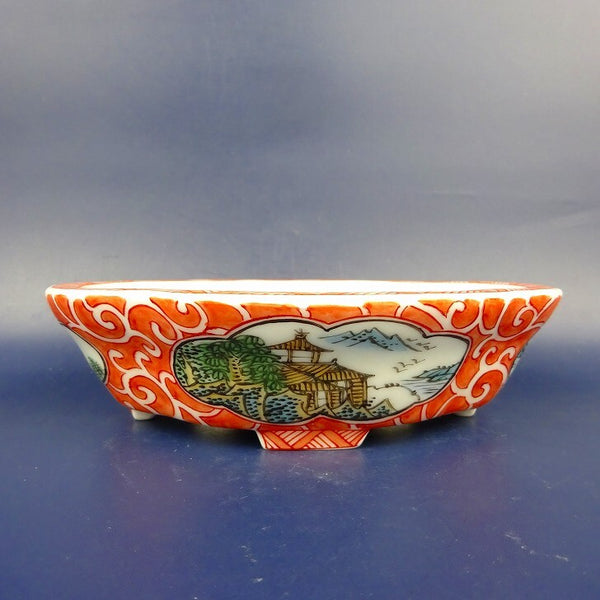 盆栽鉢 は二わ オリジナル鉢 小型 長辺 約15.2cm 木瓜鉢 色絵 風景画 山水図 観賞用  新品 t1198406593