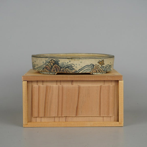 中古盆栽鉢 桑津 香石 小型 長辺 約14.3cm 楕円鉢 色絵 波 蝶 風景 箱付 観賞用  中古鉢 m1198408382