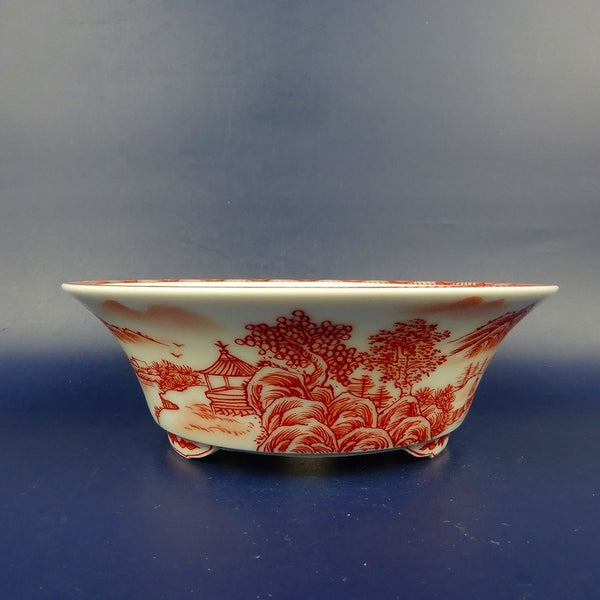 盆栽鉢 は二わ オリジナル鉢 小型 長辺 約15.4cm 丸鉢 赤絵 山水図 風景画  新品 w1198408434