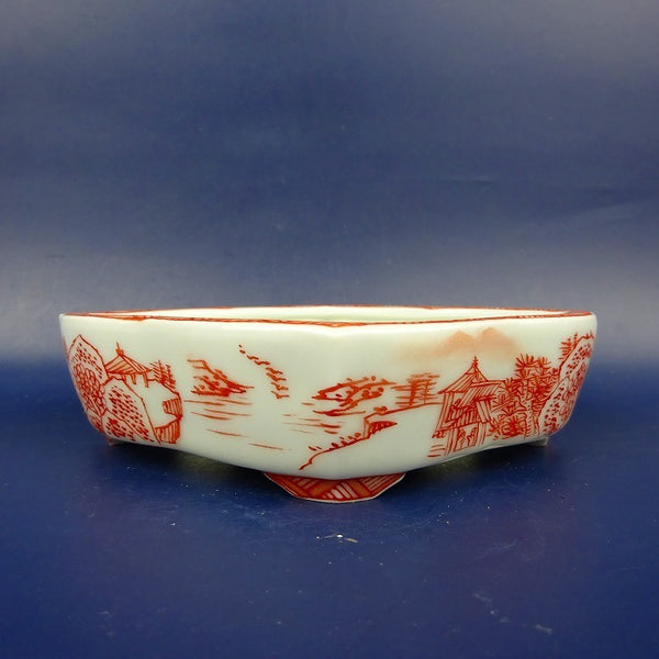 盆栽鉢 は二わ オリジナル鉢 小型 長辺 約13.5cm 剣木瓜鉢 赤絵 山水図 観賞用  新品 u1198425786