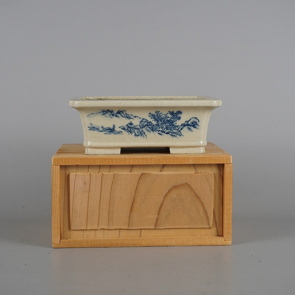 中古盆栽鉢 寿悦 小型 長辺 約14cm 長方鉢 外縁 隅入 染付 山水図 箱付 観賞用  中古鉢 1198407411
