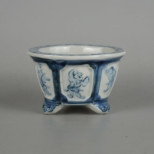 中古盆栽鉢 秀峰 小鉢 長辺 約7.3cm 丸鉢 外縁 雲足 額入 唐子図 箱付 布付 観賞用  中古鉢 l1198413466