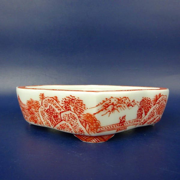 盆栽鉢 は二わ オリジナル鉢 小型 長辺 約13.5cm 剣木瓜鉢 赤絵 風景画  新品 j1198414574