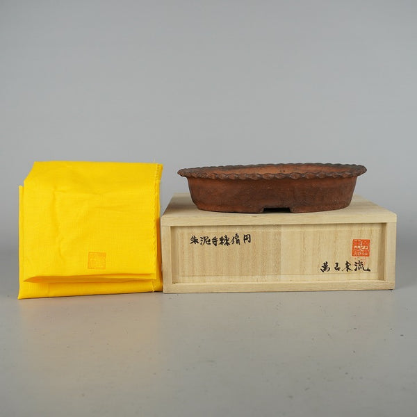 中古盆栽鉢 萬古 東流 小型 長辺 約18.3cm 楕円鉢 朱泥 泥物 共箱 共布 観賞用  中古鉢 t1198409478