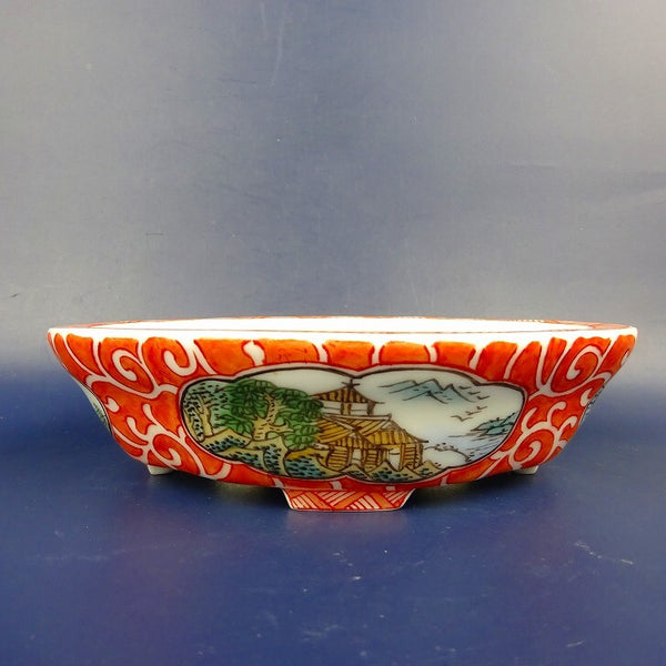 盆栽鉢 は二わ オリジナル鉢 小型 長辺 約15.3cm 木瓜鉢 色絵 風景画 山水図  新品 o1198421637