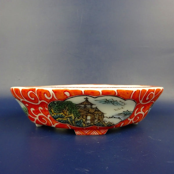 盆栽鉢 は二わ オリジナル鉢 小型 長辺 約15.5cm 木瓜鉢 色絵 風景画  新品 f1198413911