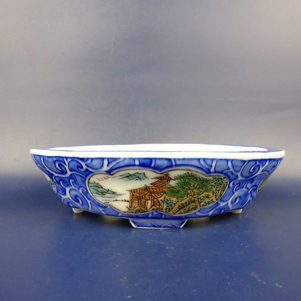 盆栽鉢 は二わ オリジナル鉢 小型 長辺 約15.3cm 木瓜鉢 色絵 窓抜 山水図 風景画  新品 m1198408027