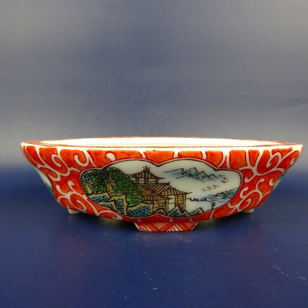 盆栽鉢 は二わ オリジナル鉢 小型 長辺 約15.5cm 木瓜鉢 色絵 風景画 山水図 観賞用  新品 l1198406590