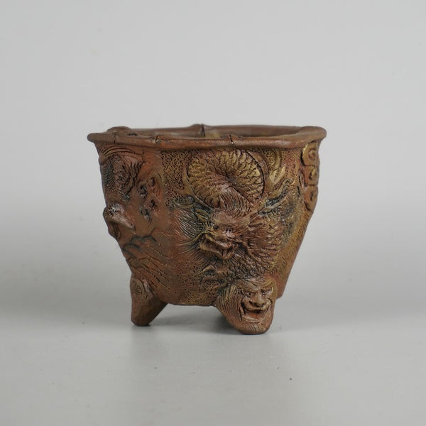 盆栽鉢 谷 嵐山 小型 長辺 約10.8cm 六角鉢 竹節縁 彫入 龍 鳳凰 籠網 箱付 観賞用 e1198412340