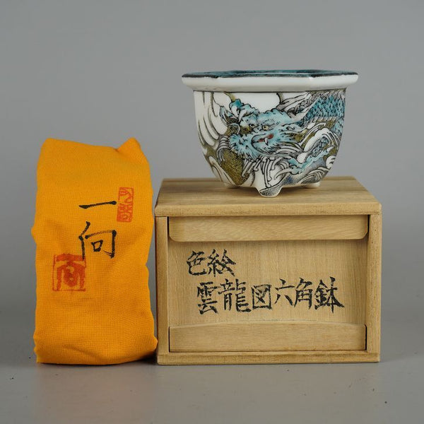 盆栽鉢 九谷 一向 小鉢 長辺 約9.3cm 六角鉢 色絵 雲龍図 共箱 共布 観賞用  新品 f1198411921
