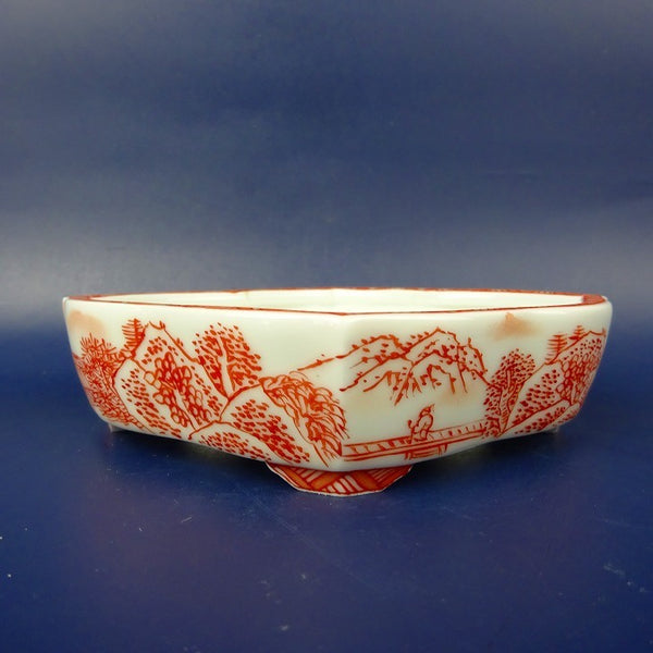 盆栽鉢 は二わ オリジナル鉢 小型 長辺 約13.4cm 剣木瓜鉢 赤絵 風景画 観賞用  新品 q1198418956