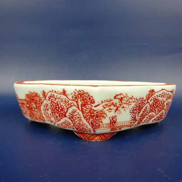 盆栽鉢 は二わ オリジナル鉢 小型 長辺 約13.4cm 剣木瓜鉢 赤絵 山水図 観賞用  新品 w1198404898