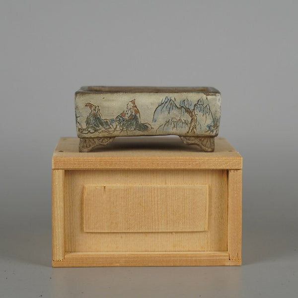 中古 盆栽鉢 茶山作 茶山彫 小鉢 長辺 約8.5cm 長方鉢 彫入 人物 山水図 箱付 観賞用  中古鉢 f1198412369