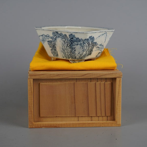 盆栽鉢 彦山人 小鉢 長辺 約10cm 正方鉢 隅切 染付 山水図 箱付 布付 観賞用 k1198407942