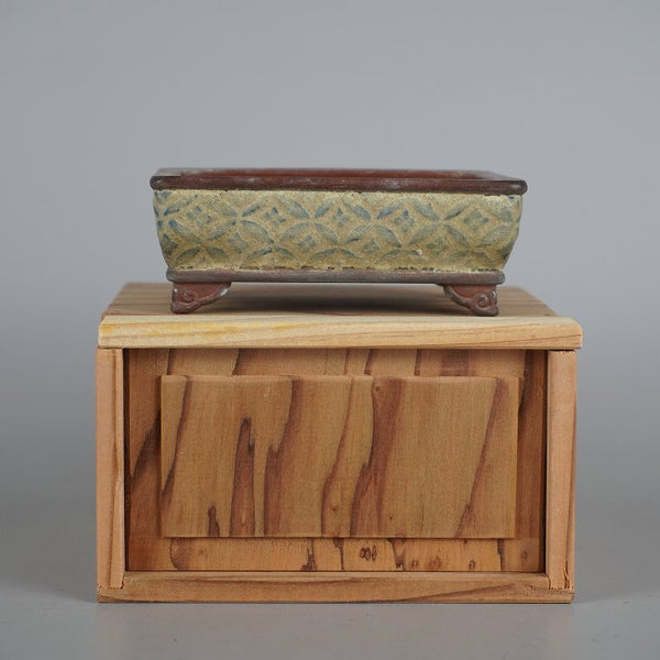 中古盆栽鉢 平安 香山 小型 長辺 約10.5cm 長方鉢 雲足 下帯 七宝 文様 釉薬 箱付 観賞用  中古鉢 u1198425989