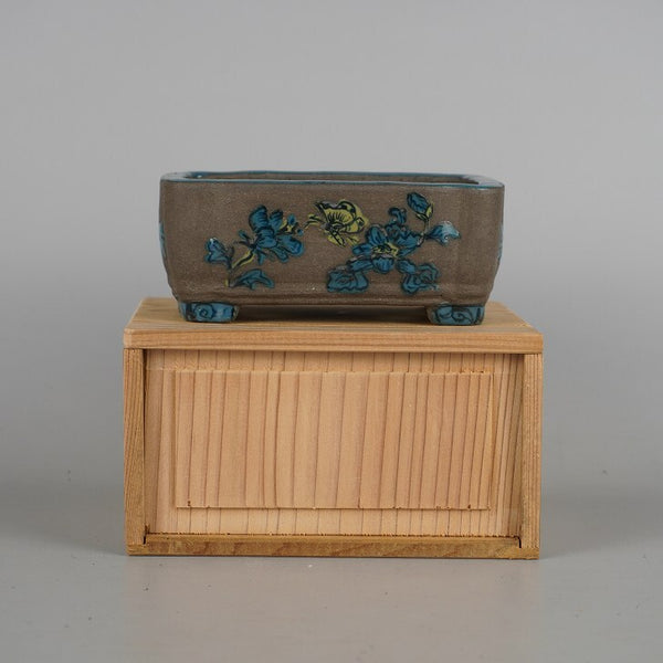 中古盆栽鉢 陶翠園造 小型 長辺 約13cm 長方鉢 隅入 色絵 花 蝶 ハナ チョウ 箱付 観賞用  中古鉢 f1198406343