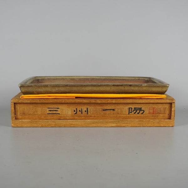 中古盆栽鉢 三州 一陽 中型 長辺 約27.3cm 長方鉢 釉薬 共箱 布付 観賞用  中古鉢 s1198411946
