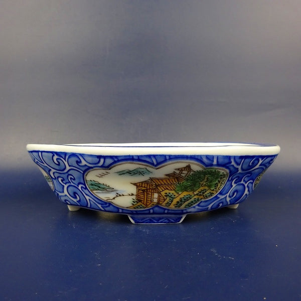 盆栽鉢 は二わ オリジナル鉢 小型 長辺 約15.1cm 木瓜鉢 色絵 窓抜 山水図 風景画  新品 h1198427918